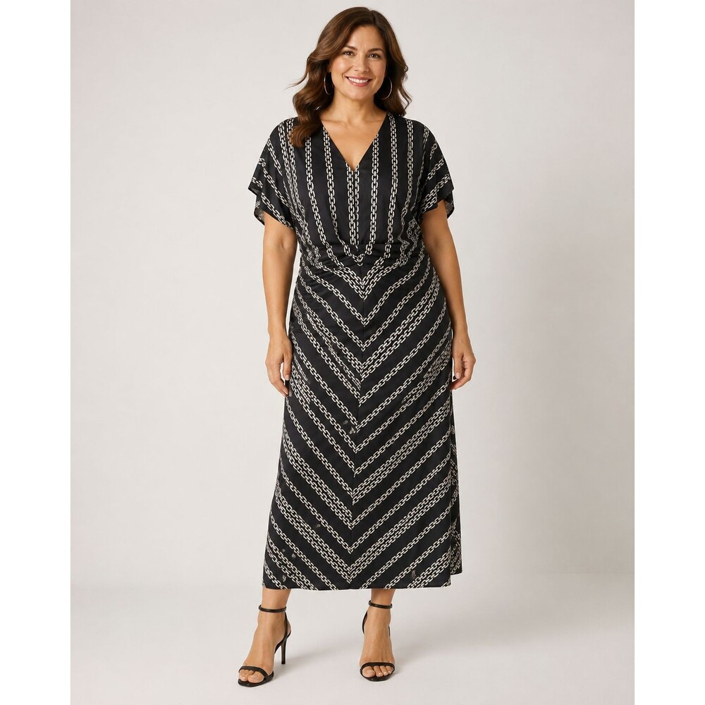 NWT WHBM Chain Geo Flutter Sleeve Ruched Midi Dress Black Size 14